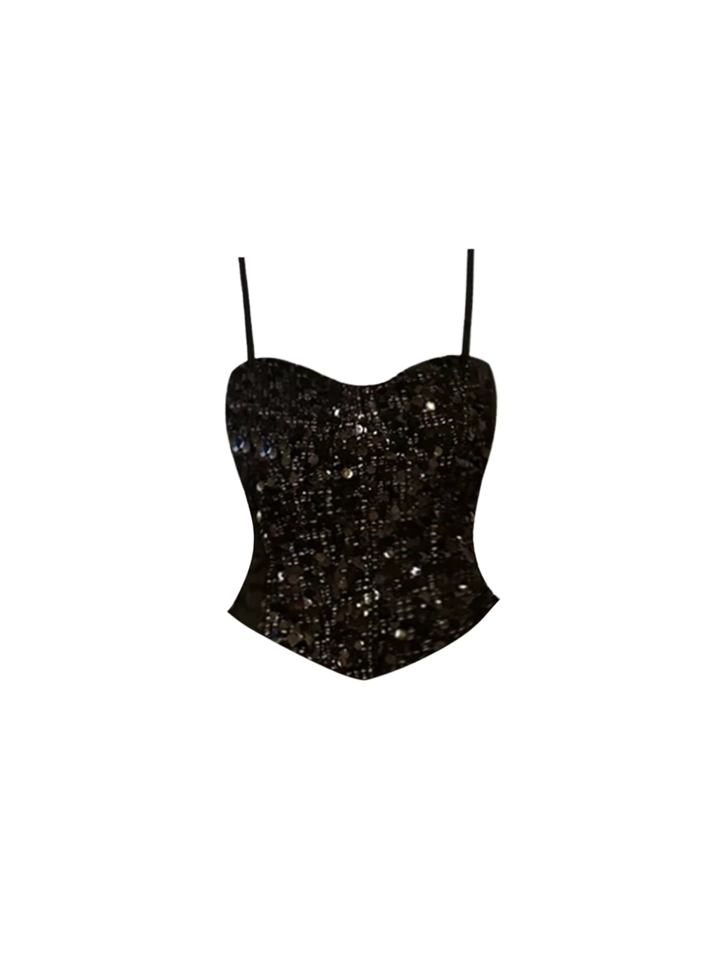 Enchanting Sequins Black Two-Piece Spaghetti Strap Mini Skirt Chic Corset Top Ruched Wrap Tie Detail Bodycon Short Dress AP5493