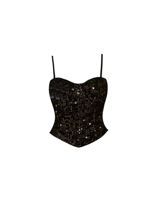 Enchanting Sequins Black Two-Piece Spaghetti Strap Mini Skirt Chic Corset Top Ruched Wrap Tie Detail Bodycon Short Dress AP5493