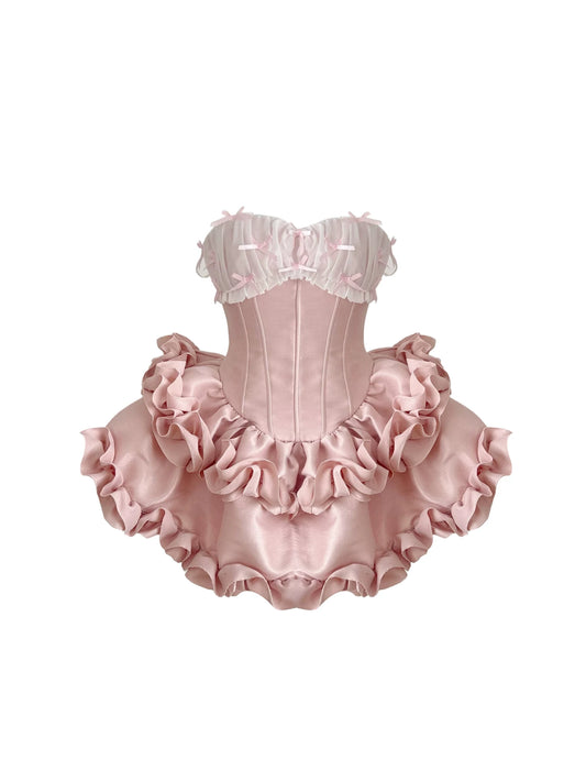 Superb White Lace Trim Bow Accents A-Line Mini Skirt Cute Multi-Layered Ruffle Hem Pink Satin Corset Strapless Short Dress AP5494