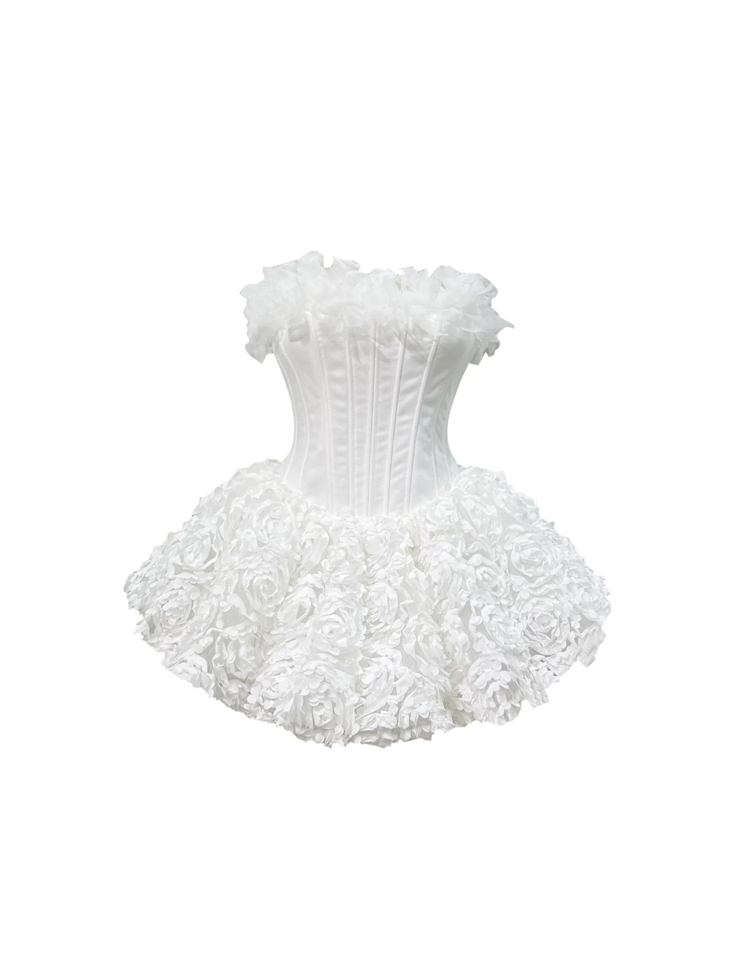 Wonderful Ruffled Shoulder 3D Flower A-Line Mini Skirt Chic White Strapless Corset Strapless Short Dress AP5495