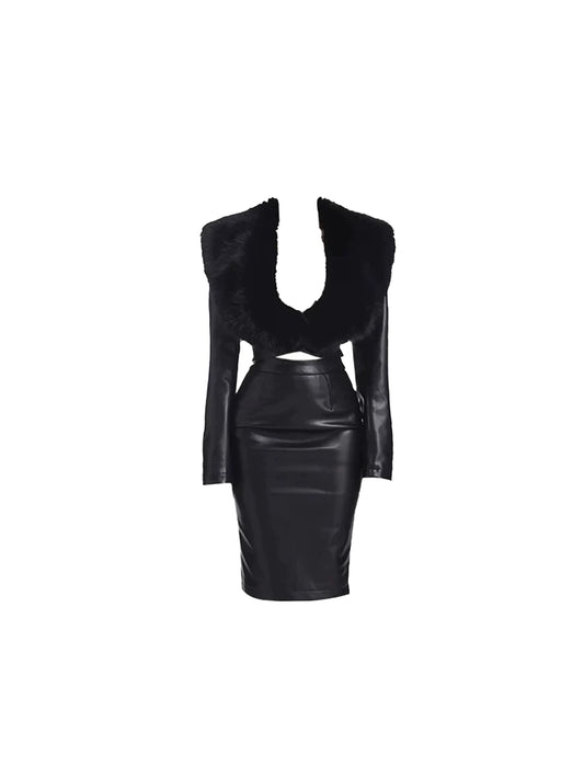 Appealing Faux Fur Neckline Pencil Bodycon Midi Skirt Sexy Black Leather-Look Crop Top 2-Piece Long Dress AP5497