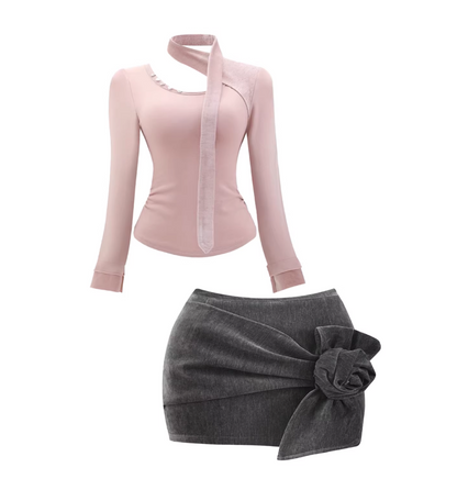 Fascinating Asymmetric Neck Top Grey 3D Rose Low-Rise Mini Skirt Elegant Pink Cutout  Long Sleeve Bodycon 2-Piece Short Dress AP5498