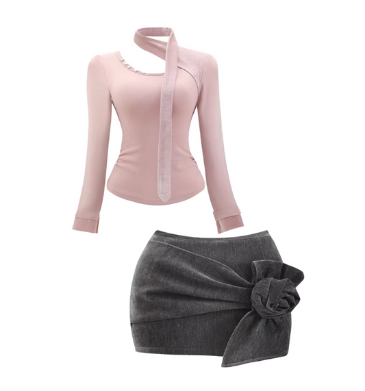Fascinating Asymmetric Neck Top Grey 3D Rose Low-Rise Mini Skirt Elegant Pink Cutout  Long Sleeve Bodycon 2-Piece Short Dress AP5498