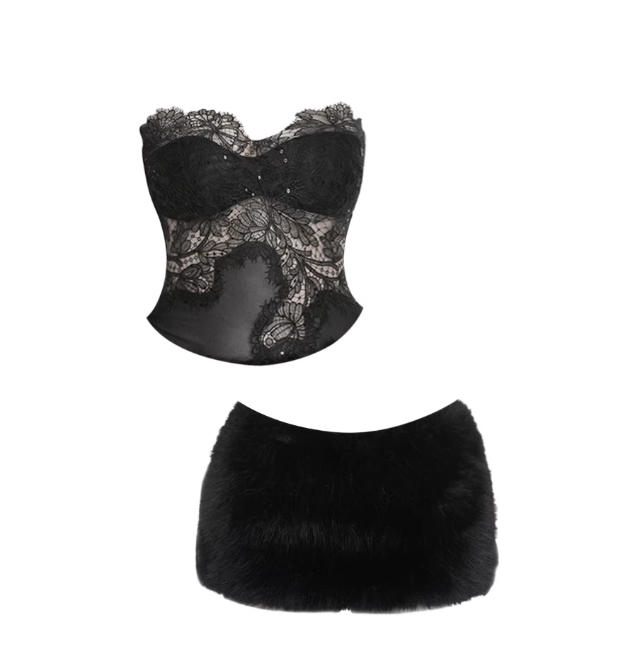 Splendid Strapless Sheer Lace Corset Top Bodycon Mini Skirt Trendy Black Two-Piece Set Plush Fuzzy Short Dress AP5499