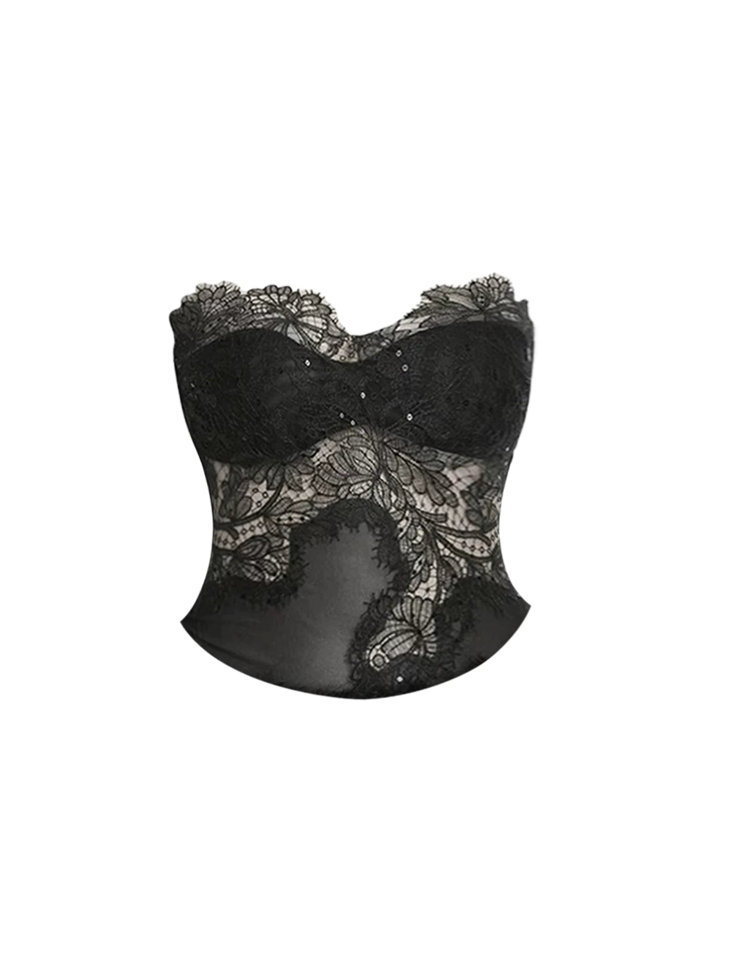 Splendid Strapless Sheer Lace Corset Top Bodycon Mini Skirt Trendy Black Two-Piece Set Plush Fuzzy Short Dress AP5499