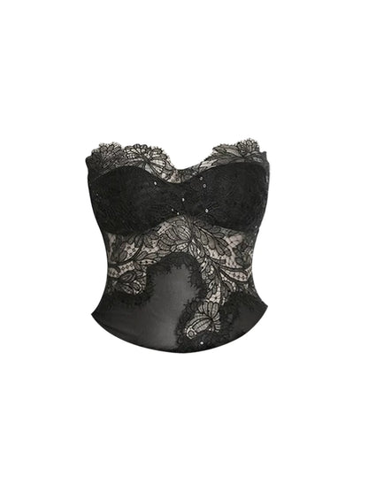 Splendid Strapless Sheer Lace Corset Top Bodycon Mini Skirt Trendy Black Two-Piece Set Plush Fuzzy Short Dress AP5499