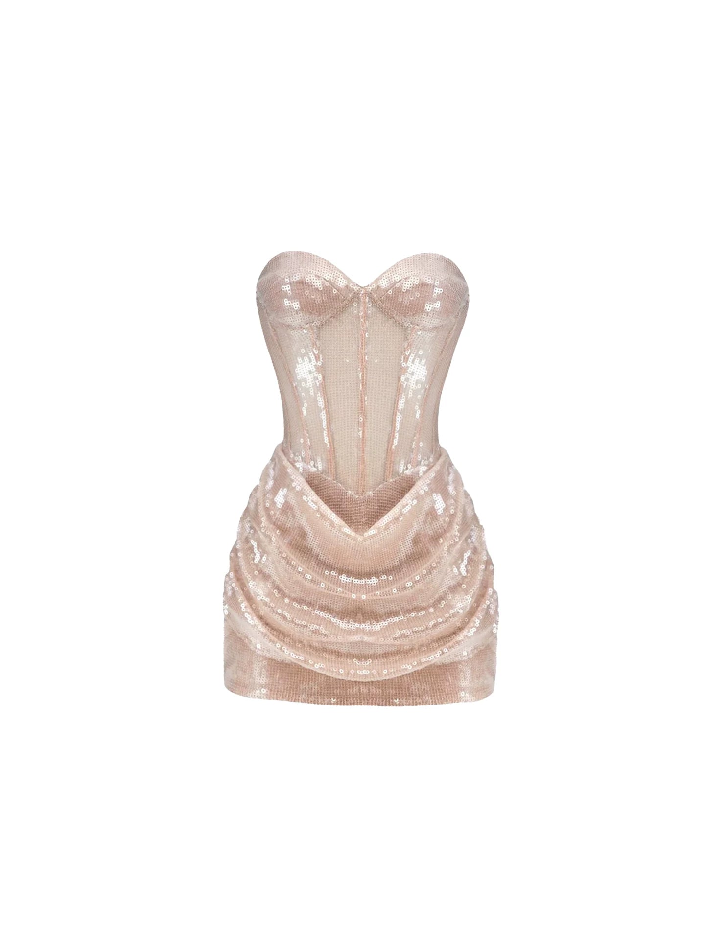 Shiny Blush Sequin Strapless Ruched Bodycon Mini Skirt Charming Sweetheart Neck Sheer Mesh Panels Short Dress AP5501