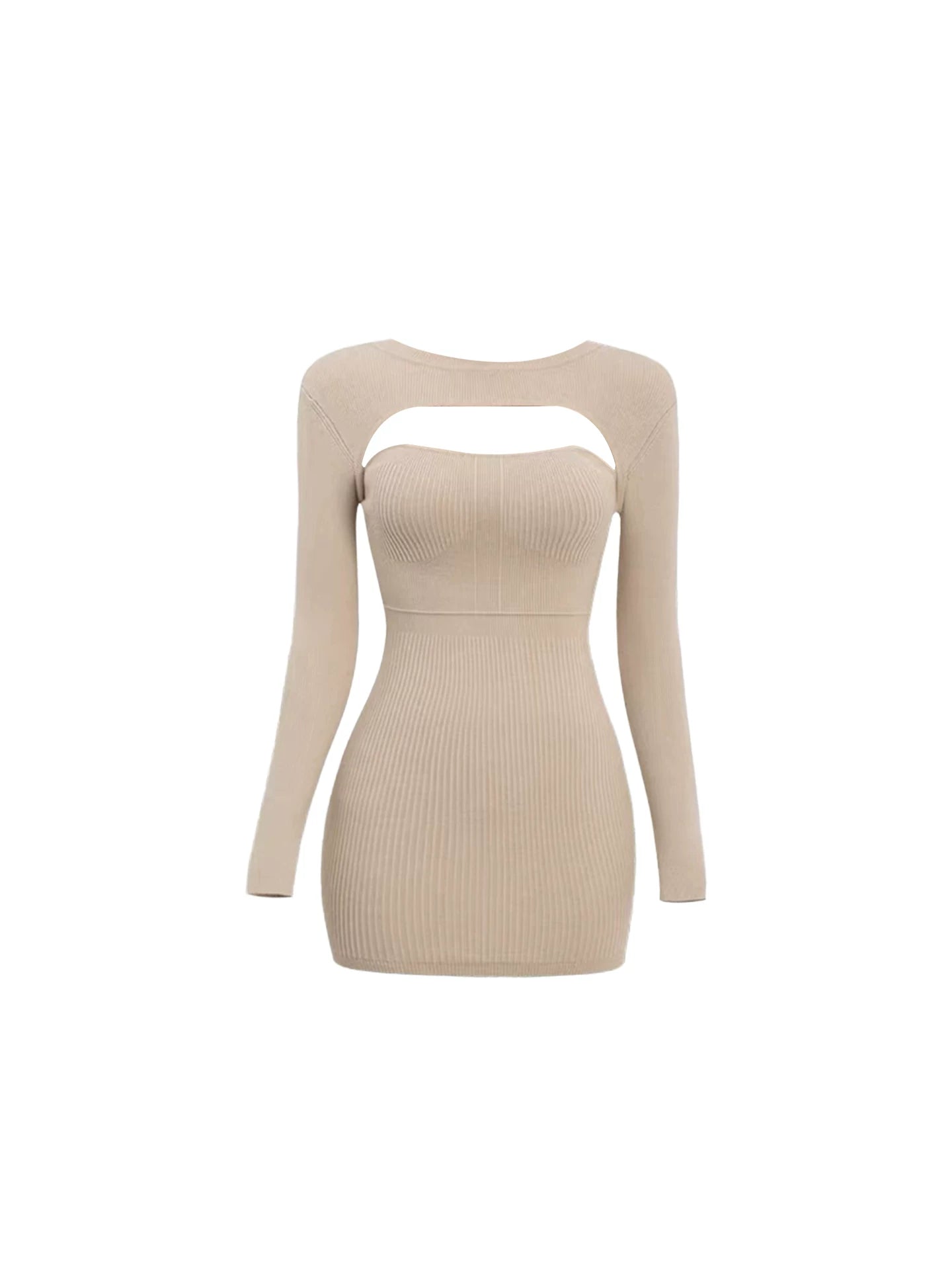 Avant-Garde Bold Chest Cutout Jewel Neck Corset Layer Mini Skirt Trendy Beige Long Sleeve Ribbed Bodycon Short Dress AP5502