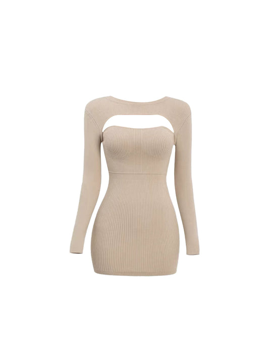 Avant-Garde Bold Chest Cutout Jewel Neck Corset Layer Mini Skirt Trendy Beige Long Sleeve Ribbed Bodycon Short Dress AP5502