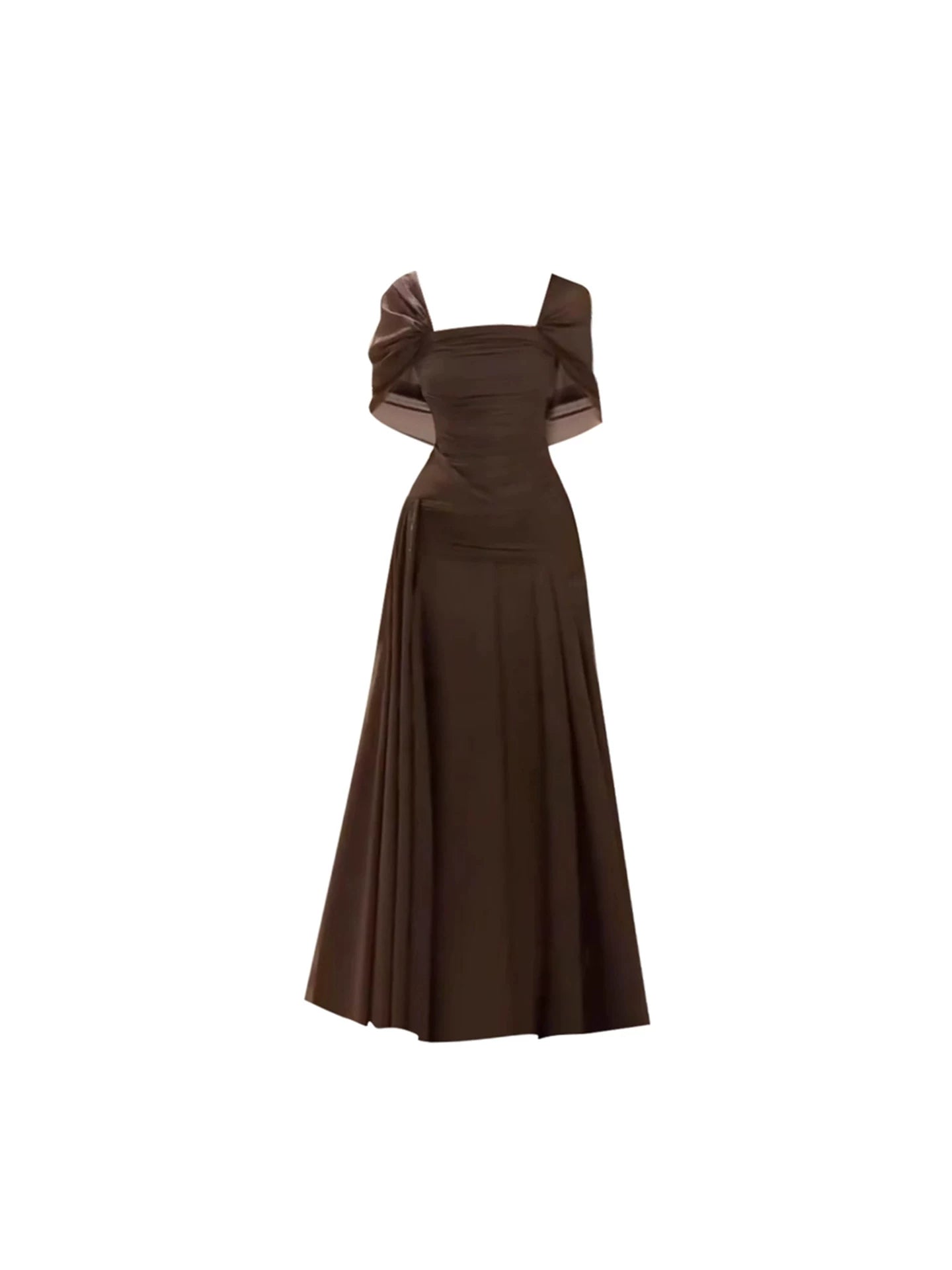 Fresh Sheer Puff Sleeves Ruched Detail Flowy Maxi Skirt Chic Chocolate Brown Square Neck A-Line Long Dress AP5504