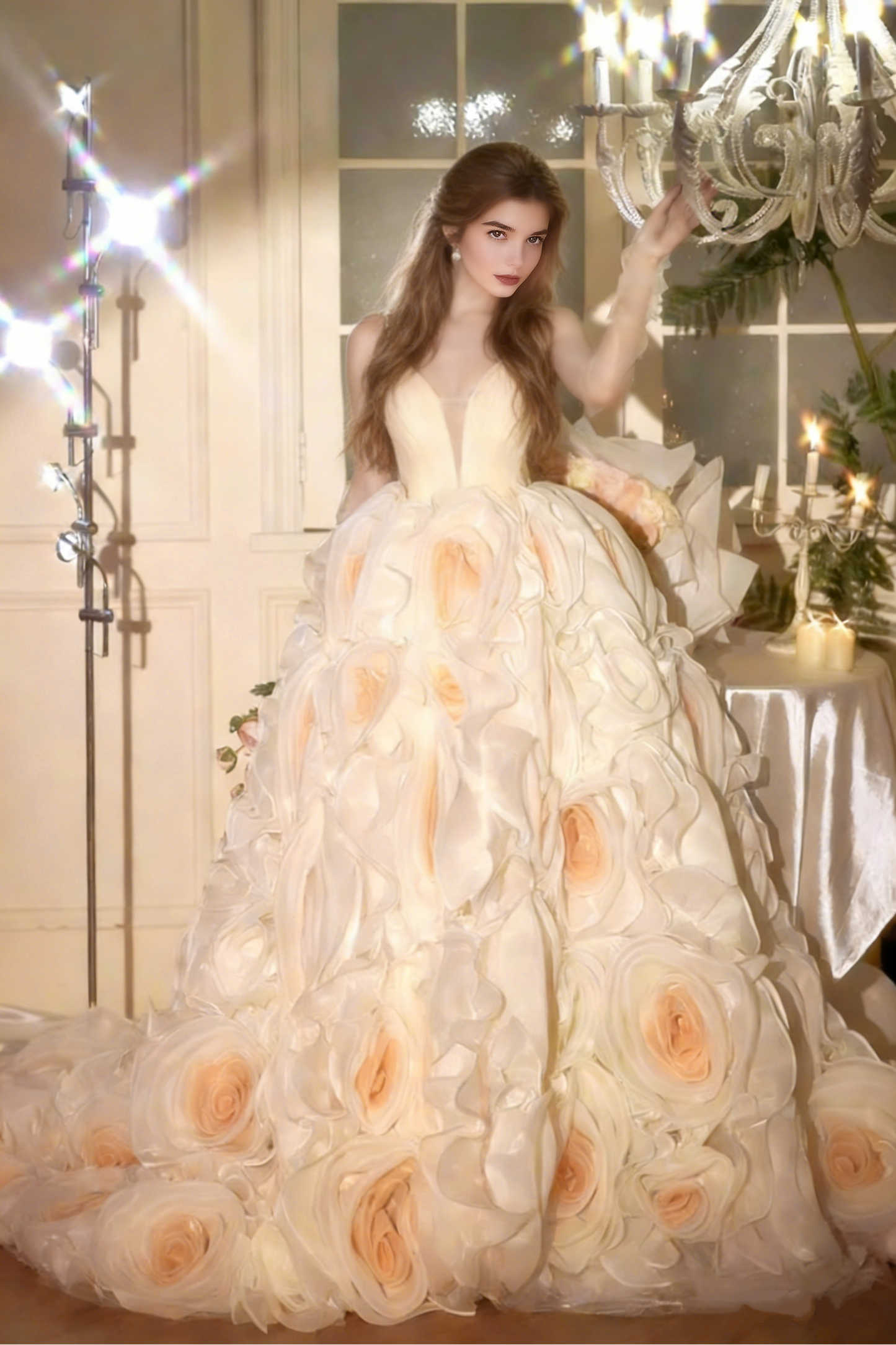 Voluminous A-Line Beading Spaghetti Strap Evening Gowns Handmade Flowers Prom Dress AP5505