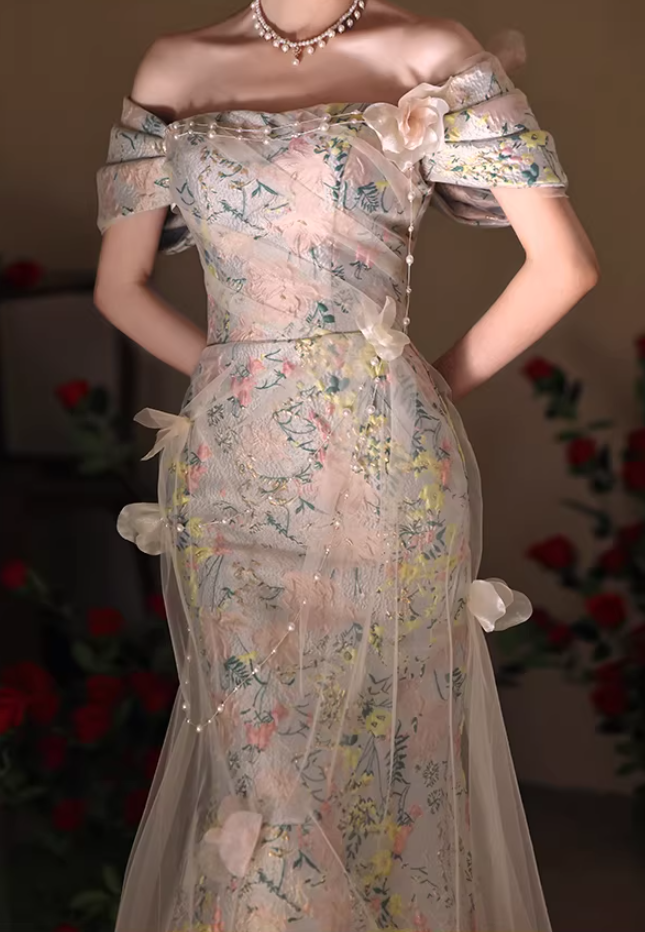 Victorian-Inspired Off-Shoulder Jacquard Mermaid Sweet 16th Dresses Appliques Tulle Beading Prom Dress AP5506