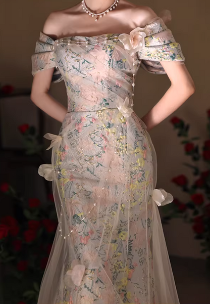 Victorian-Inspired Off-Shoulder Jacquard Mermaid Sweet 16th Dresses Appliques Tulle Beading Prom Dress AP5506