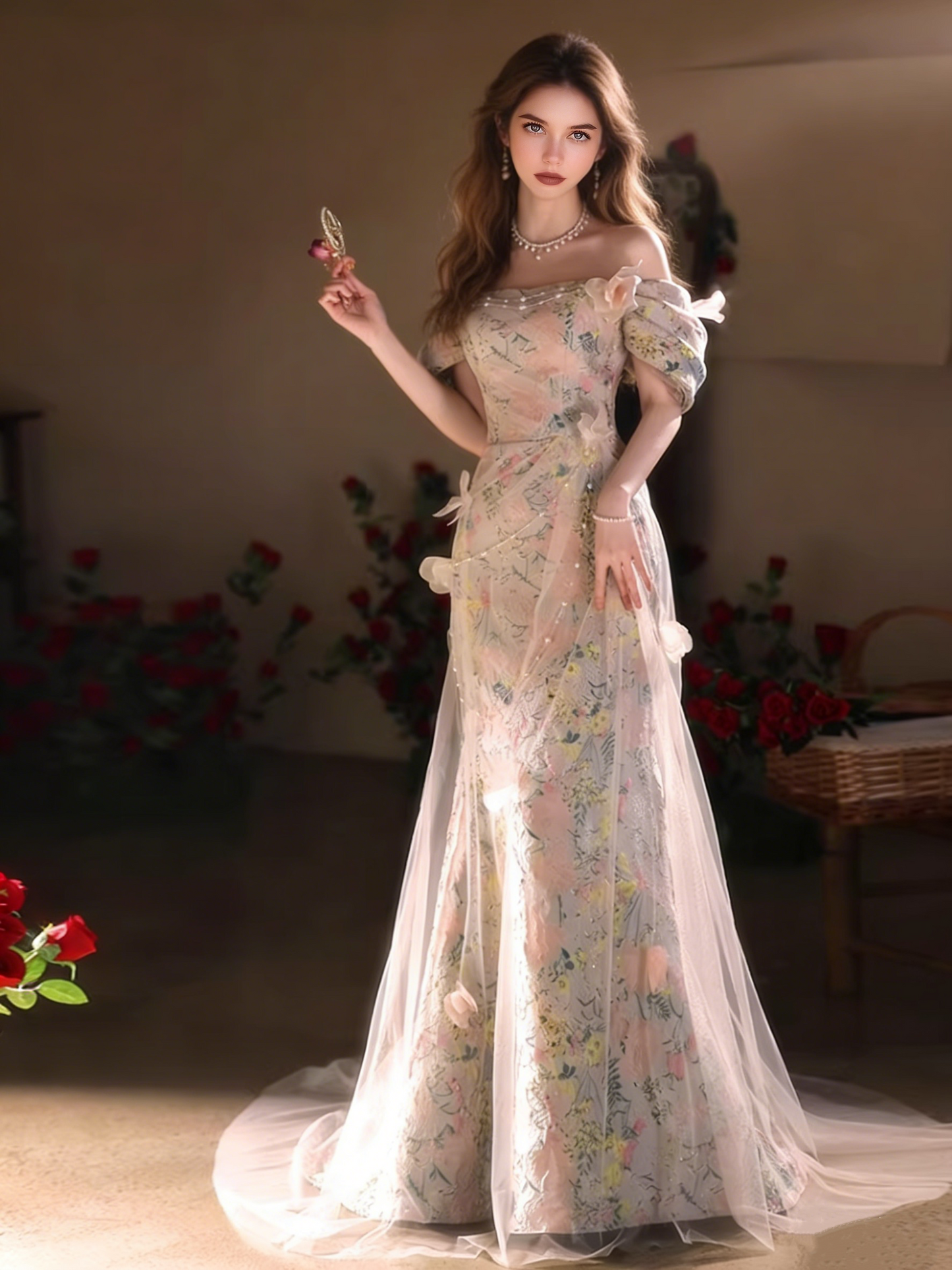 Victorian-Inspired Off-Shoulder Jacquard Mermaid Sweet 16th Dresses Appliques Tulle Beading Prom Dress AP5506