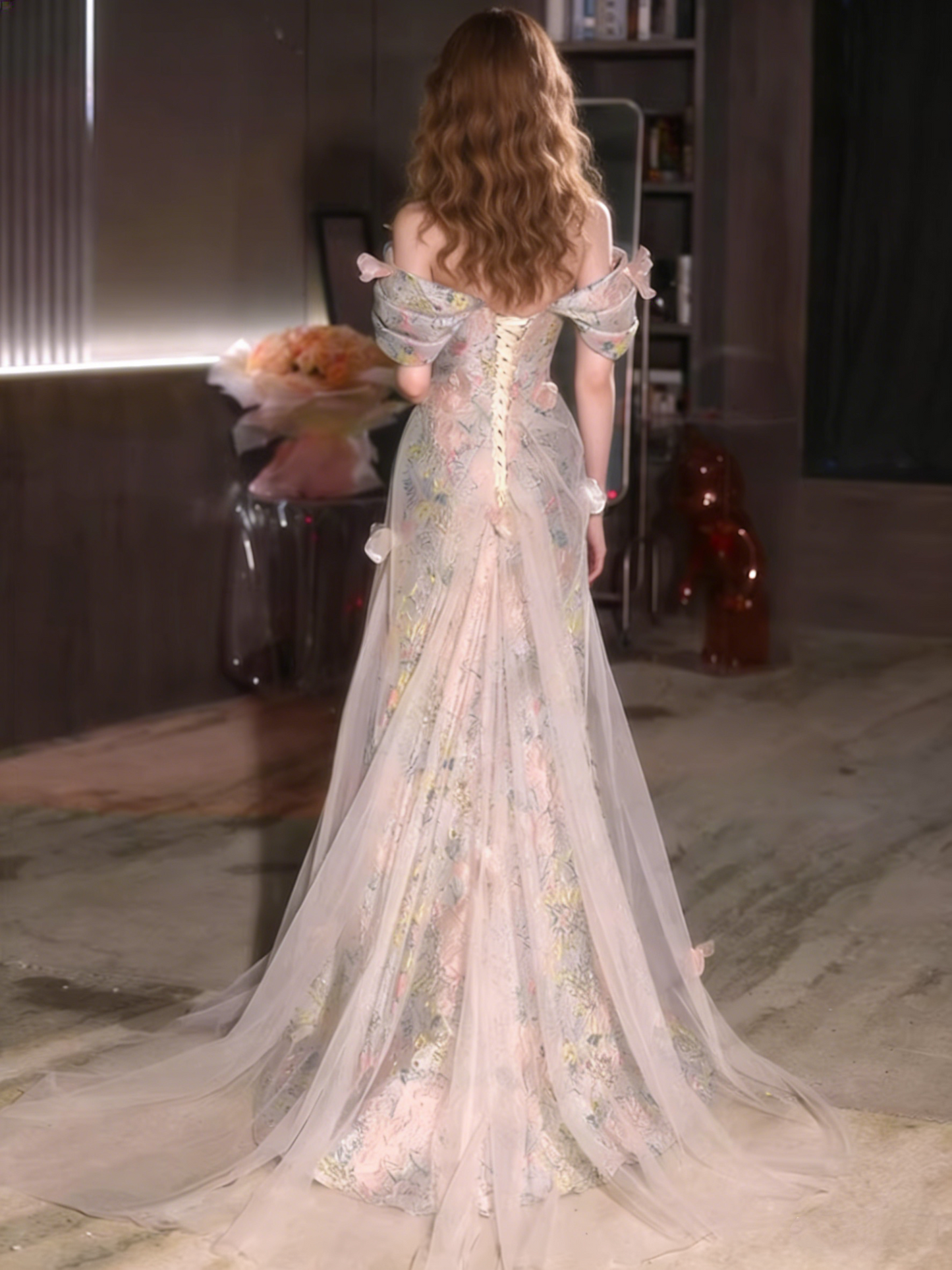 Victorian-Inspired Off-Shoulder Jacquard Mermaid Sweet 16th Dresses Appliques Tulle Beading Prom Dress AP5506