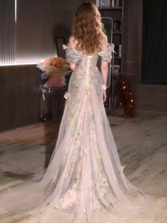 Victorian-Inspired Off-Shoulder Jacquard Mermaid Sweet 16th Dresses Appliques Tulle Beading Prom Dress AP5506