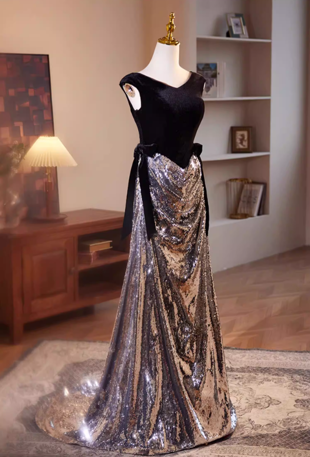 Dainty V Neck Draped Mermaid Sweet 16th Dresses Silver Sequins Bows Black Velvet Prom Dress AP5508
