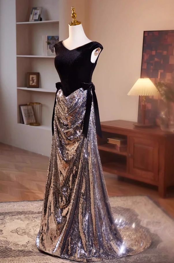 Dainty V Neck Draped Mermaid Sweet 16th Dresses Silver Sequins Bows Black Velvet Prom Dress AP5508
