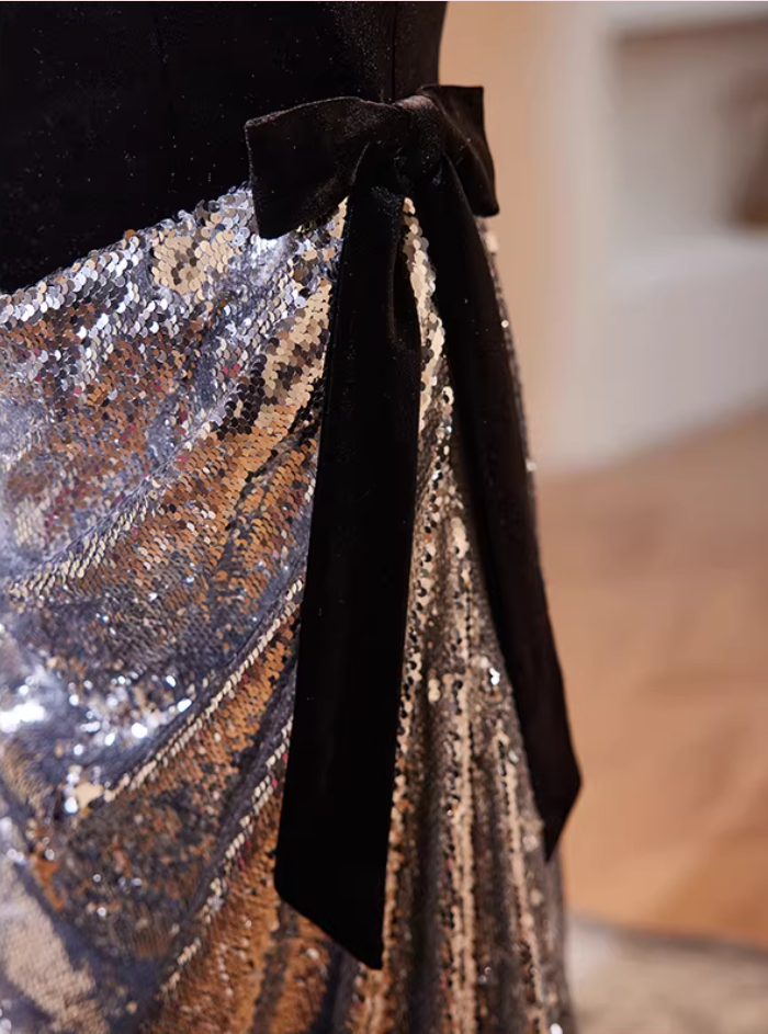 Dainty V Neck Draped Mermaid Sweet 16th Dresses Silver Sequins Bows Black Velvet Prom Dress AP5508