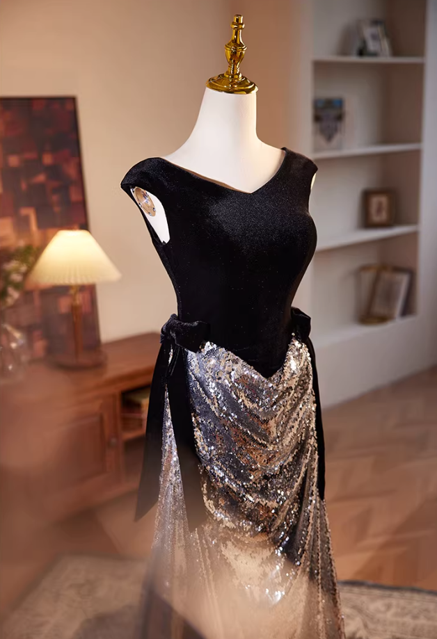 Dainty V Neck Draped Mermaid Sweet 16th Dresses Silver Sequins Bows Black Velvet Prom Dress AP5508
