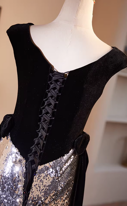 Dainty V Neck Draped Mermaid Sweet 16th Dresses Silver Sequins Bows Black Velvet Prom Dress AP5508