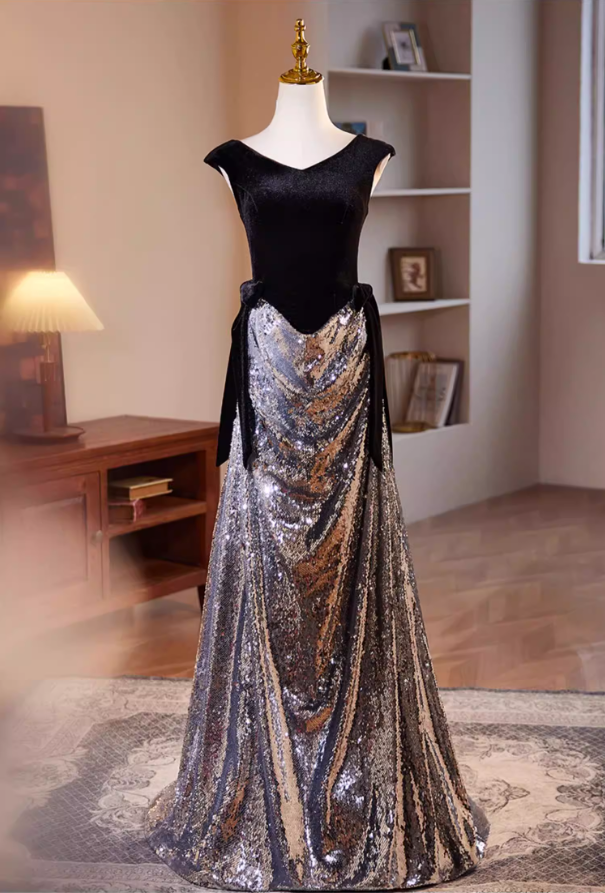 Dainty V Neck Draped Mermaid Sweet 16th Dresses Silver Sequins Bows Black Velvet Prom Dress AP5508