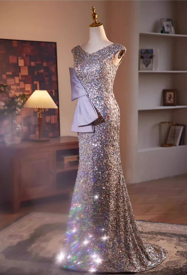Cozy Mermaid V Neck Sweet 16th Dresses Bow Sequins Prom Dress AP5509