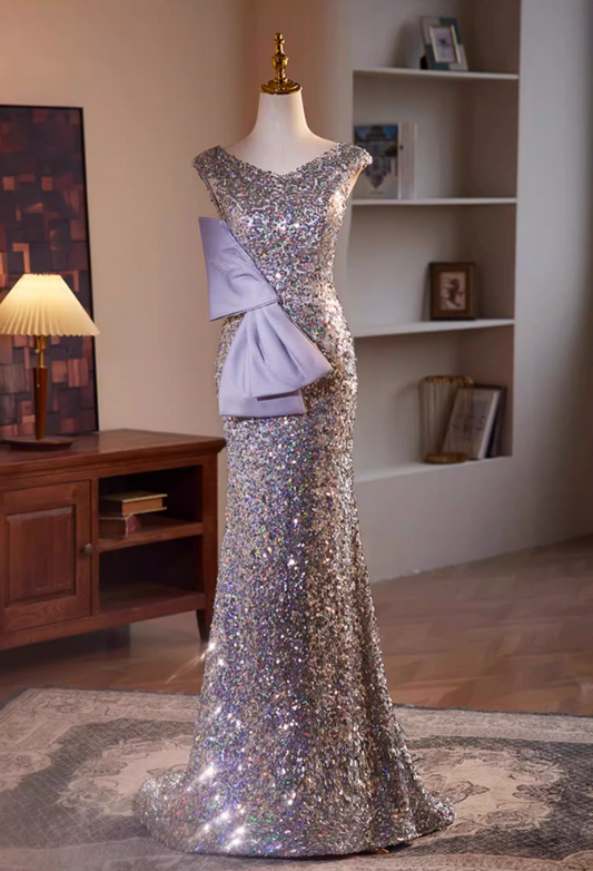 Cozy Mermaid V Neck Sweet 16th Dresses Bow Sequins Prom Dress AP5509