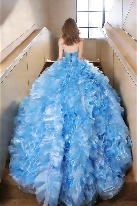 Romantic Strapless A-Line Pleated Sweet 16th Gowns Ruffled Blue Tulle Prom Dress AP5511