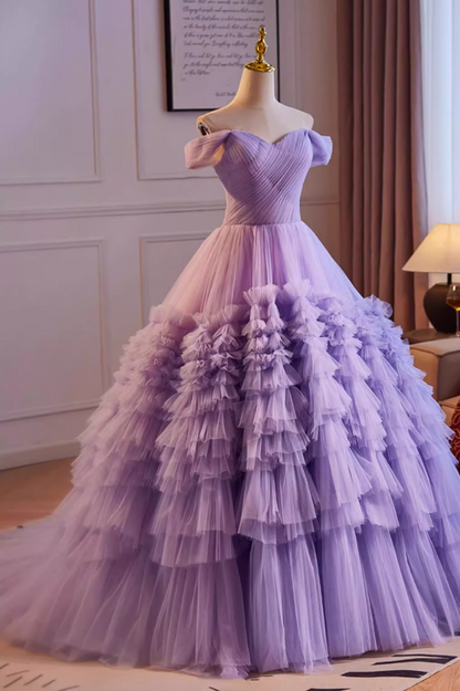 Ornate Off-Shoulder Pleated A-Line Sweet 16th Dresses Tiered Purple Tulle Prom Dress AP5512