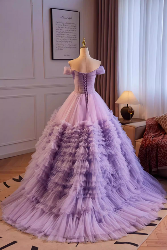 Ornate Off-Shoulder Pleated A-Line Sweet 16th Dresses Tiered Purple Tulle Prom Dress AP5512