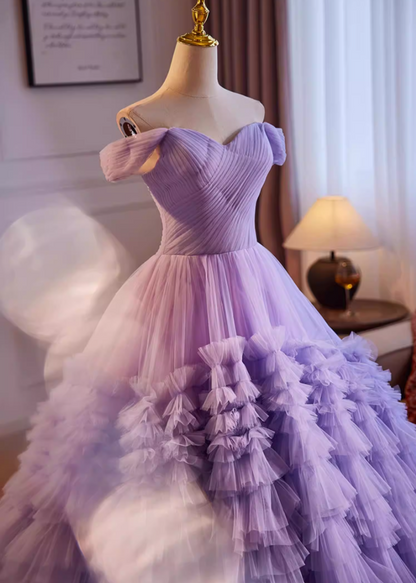 Ornate Off-Shoulder Pleated A-Line Sweet 16th Dresses Tiered Purple Tulle Prom Dress AP5512