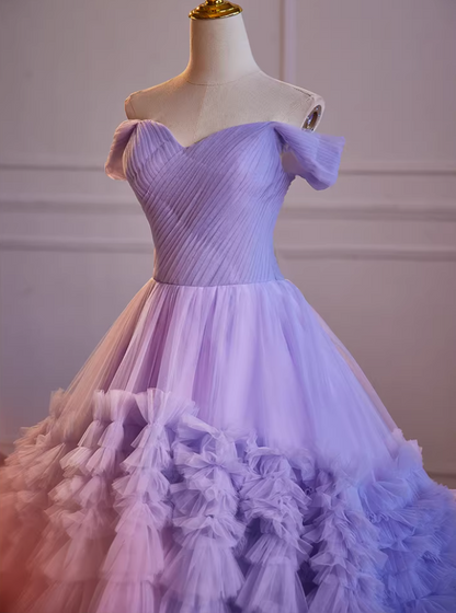 Ornate Off-Shoulder Pleated A-Line Sweet 16th Dresses Tiered Purple Tulle Prom Dress AP5512