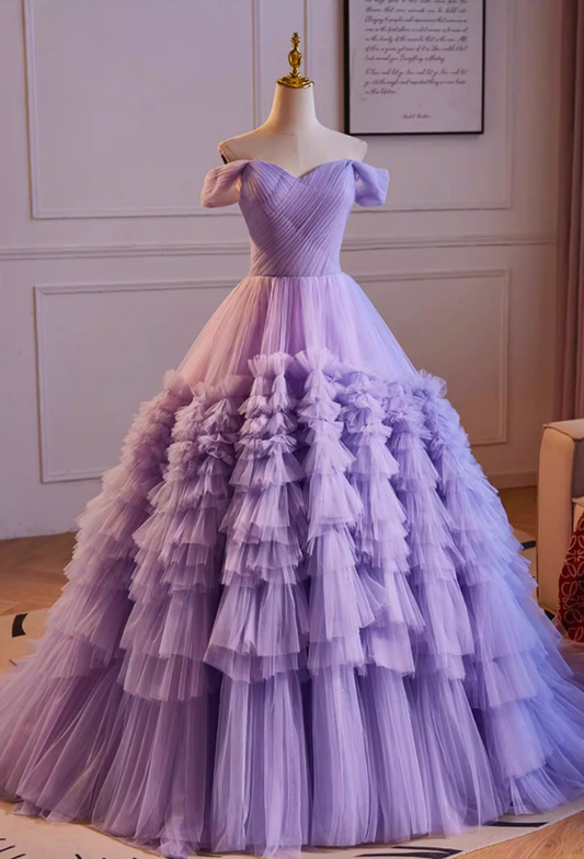 Ornate Off-Shoulder Pleated A-Line Sweet 16th Dresses Tiered Purple Tulle Prom Dress AP5512