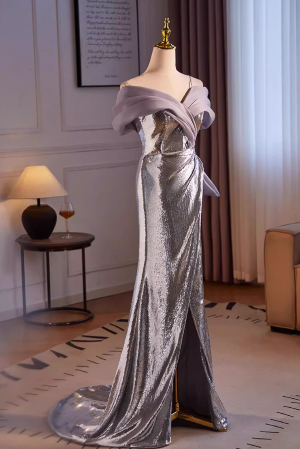 Fabulous Off-Shoulder Silver Mermaid Sweet 16th Dresses Sequins High-Slit Prom Dress AP5513