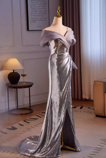 Fabulous Off-Shoulder Silver Mermaid Sweet 16th Dresses Sequins High-Slit Prom Dress AP5513