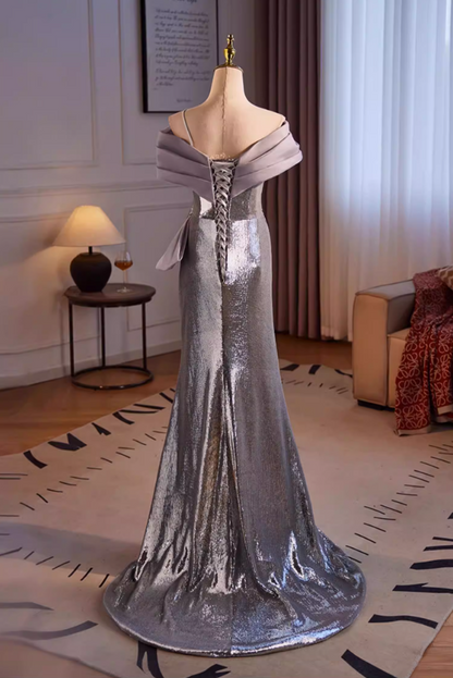 Fabulous Off-Shoulder Silver Mermaid Sweet 16th Dresses Sequins High-Slit Prom Dress AP5513