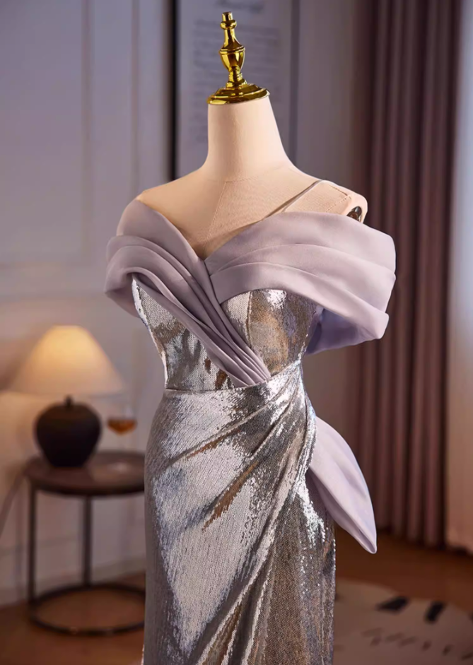 Fabulous Off-Shoulder Silver Mermaid Sweet 16th Dresses Sequins High-Slit Prom Dress AP5513