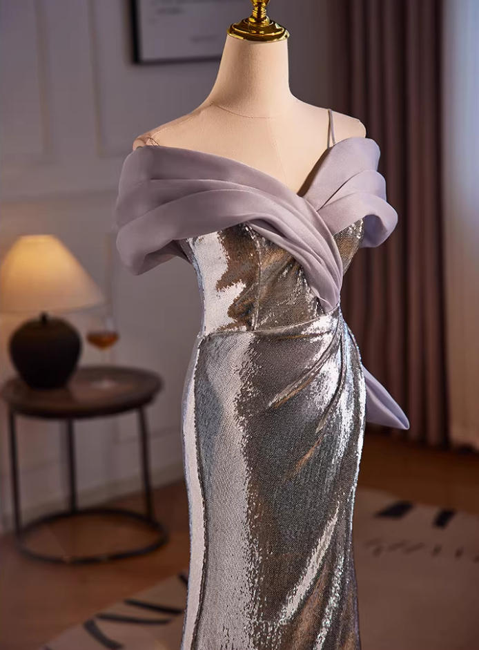 Fabulous Off-Shoulder Silver Mermaid Sweet 16th Dresses Sequins High-Slit Prom Dress AP5513