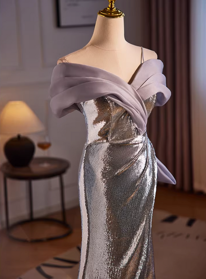 Fabulous Off-Shoulder Silver Mermaid Sweet 16th Dresses Sequins High-Slit Prom Dress AP5513