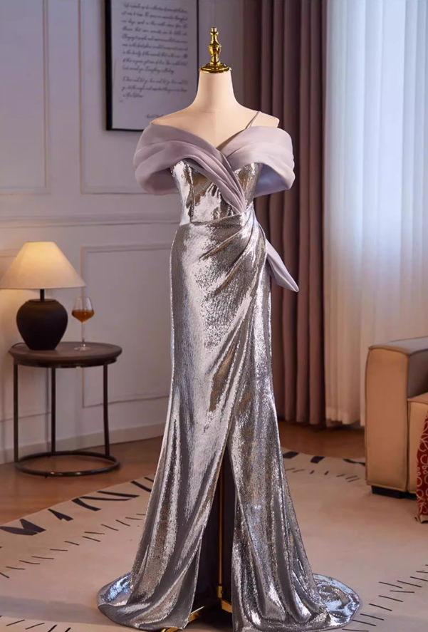 Fabulous Off-Shoulder Silver Mermaid Sweet 16th Dresses Sequins High-Slit Prom Dress AP5513