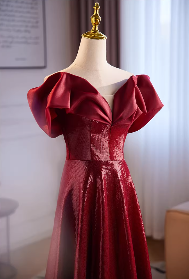 Luxurious A-Line Puff Off-Shoulder Sweet 16th Dresses Sequins Red Prom Dress AP5515
