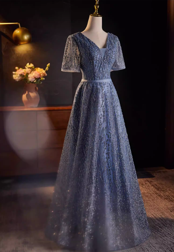 Luxury A-Line V Neck Blue Tulle Sweet 16th Gowns Short Sleeve Sequins Prom Dress AP5516