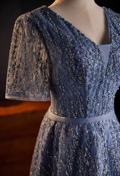 Luxury A-Line V Neck Blue Tulle Sweet 16th Gowns Short Sleeve Sequins Prom Dress AP5516
