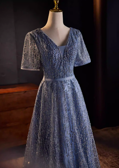 Luxury A-Line V Neck Blue Tulle Sweet 16th Gowns Short Sleeve Sequins Prom Dress AP5516