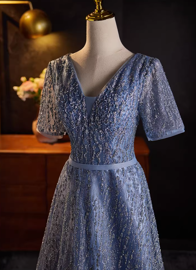 Luxury A-Line V Neck Blue Tulle Sweet 16th Gowns Short Sleeve Sequins Prom Dress AP5516