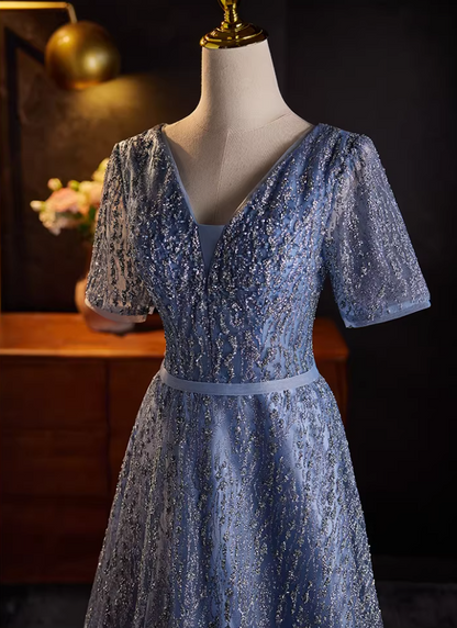 Luxury A-Line V Neck Blue Tulle Sweet 16th Gowns Short Sleeve Sequins Prom Dress AP5516