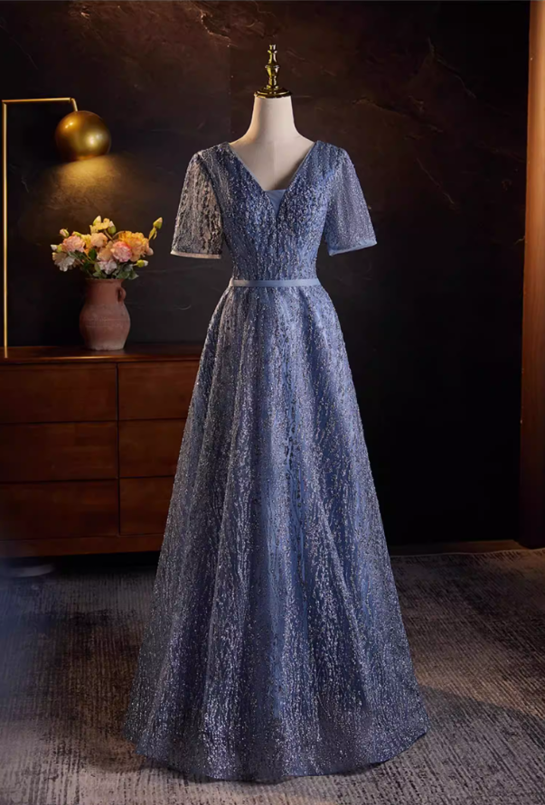 Luxury A-Line V Neck Blue Tulle Sweet 16th Gowns Short Sleeve Sequins Prom Dress AP5516