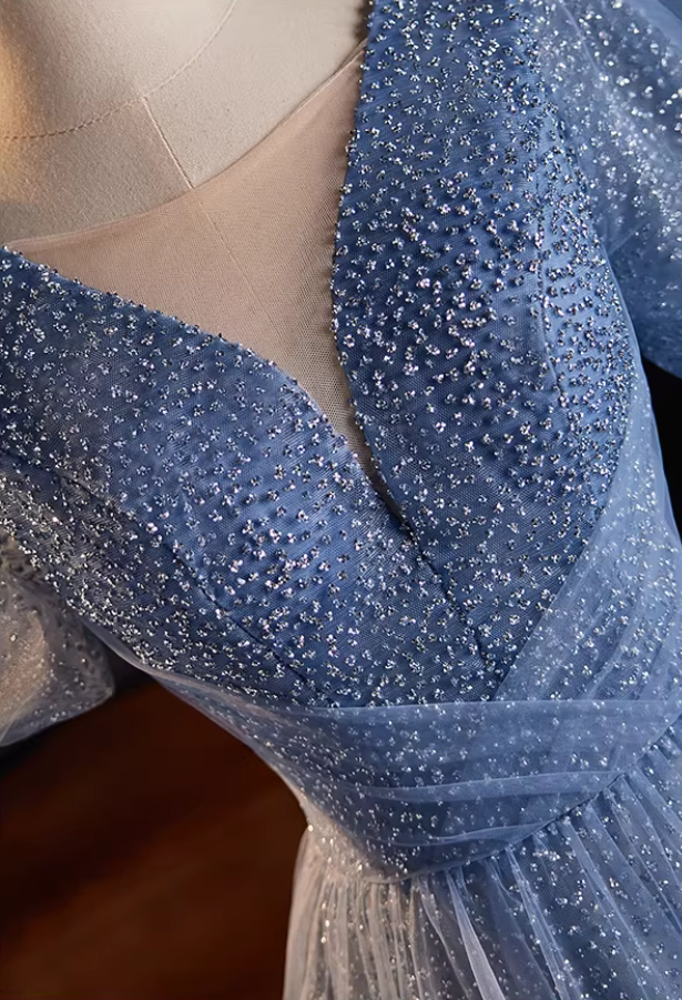 Graceful V Neck Blue Tulle A-Line Sweet 16th Gowns Short Sleeve Sequins Beading Prom Dress AP5517