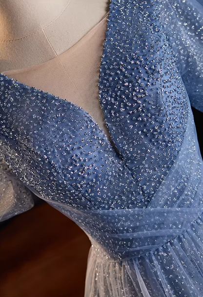 Graceful V Neck Blue Tulle A-Line Sweet 16th Gowns Short Sleeve Sequins Beading Prom Dress AP5517
